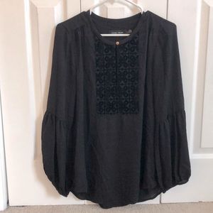 V Neck Blouse - Black - balloon sleeve